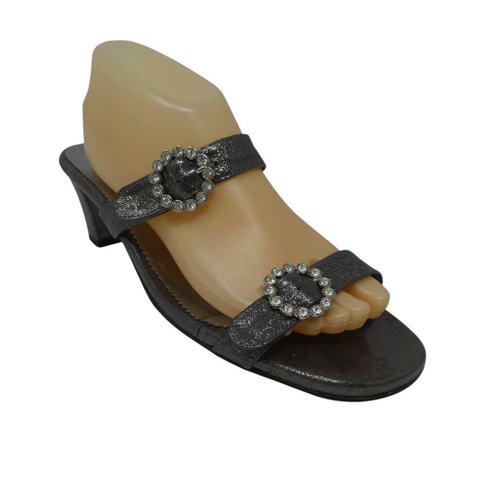 Taryn Rose Metallic Silver Leather Open Toe Rhinestone Crystal Mules Heels‎